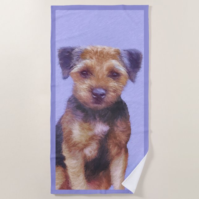 Border Terrier Painting - Cute Original Dog Art Beach Towel (Front)