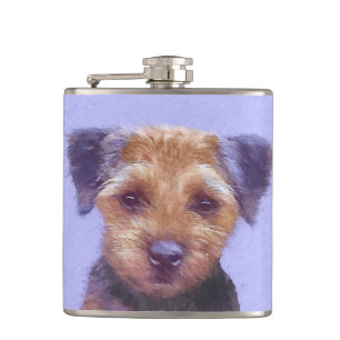 Border Terrier Painting - Cute Original Dog Art Hip Flask