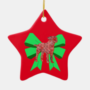 Border Terrier Red Dog & Green Bow Christmas Ceramic Ornament