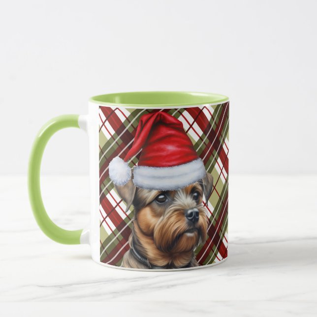 Border Terrier Red Green Holiday Plaid Christmas Mug (Left)