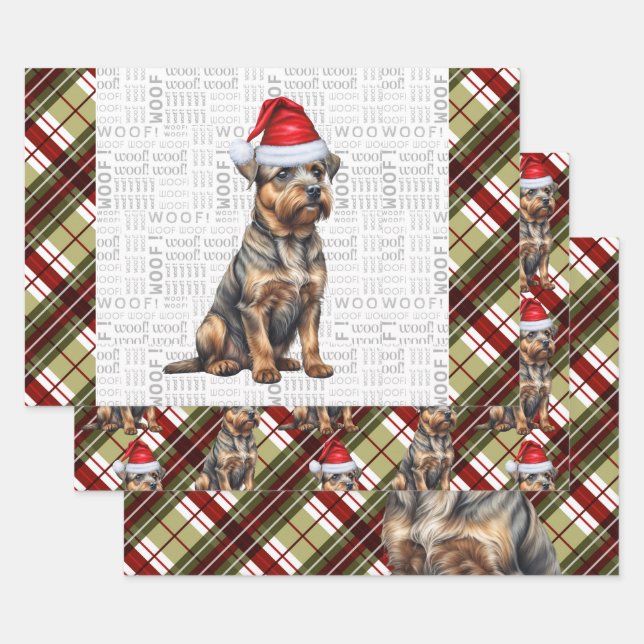 Border Terrier Red Green Plaid Christmas Wrapping Paper Sheet (Set)