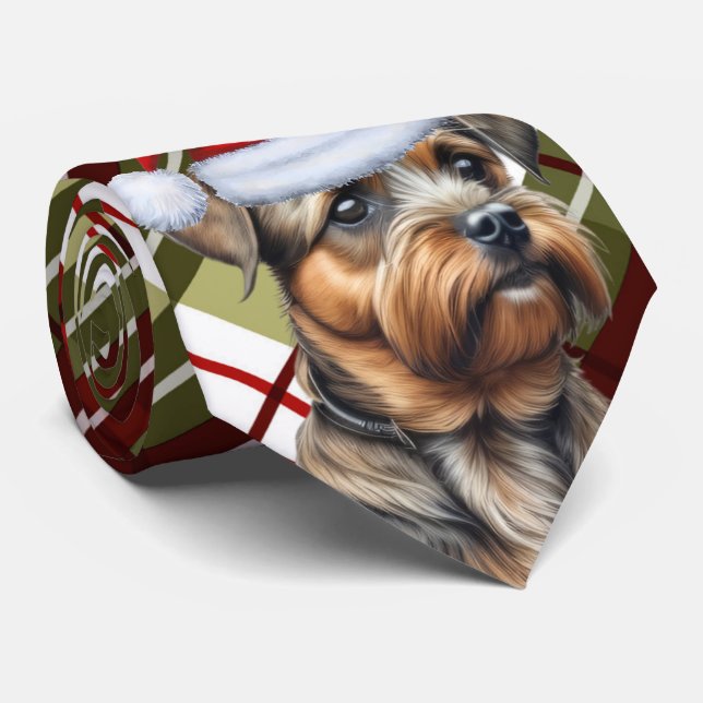 Border Terrier Red Green Plaid Holiday Christmas Tie (Rolled)