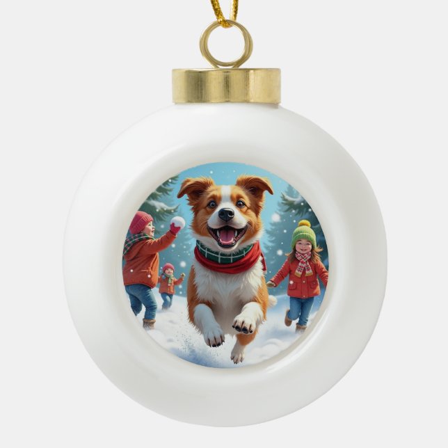 Border Terrier Snowball Fight Christmas Painting Ceramic Ball Christmas Ornament (Front)