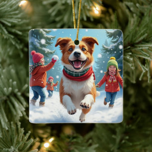 Border Terrier Snowball Fight Christmas Painting Ceramic Ornament
