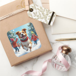 Border Terrier Snowball Fight Christmas Painting Square Sticker