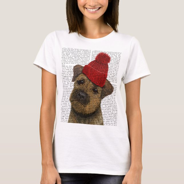 Border Terrier with Red Bobble Hat 3 T-Shirt (Front)