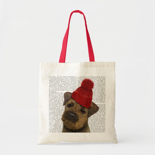 Border Terrier with Red Bobble Hat 3 Tote Bag (Front)