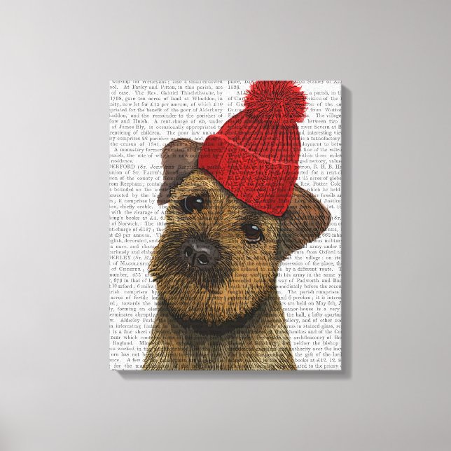 Border Terrier with Red Bobble Hat Canvas Print (Front)