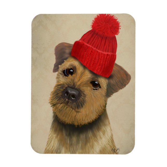 Border Terrier with Red Bobble Hat Magnet (Vertical)