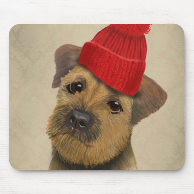 Border Terrier with Red Bobble Hat Mouse Pad (Front)