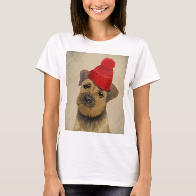 Border Terrier with Red Bobble Hat T-Shirt (Front)