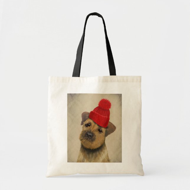Border Terrier with Red Bobble Hat Tote Bag (Front)