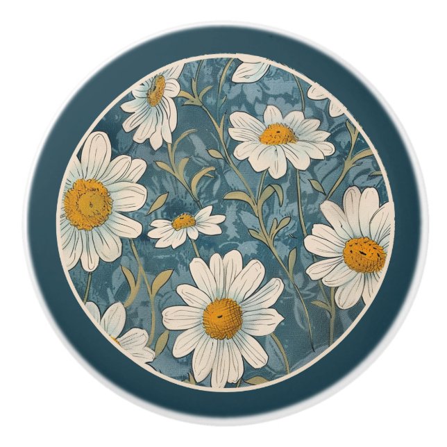 Bordered Art Nouveau Shasta Daisy  Ceramic Knob (Front)