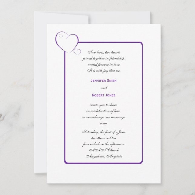 Bordered Hearts Purple Wedding Invitation (Front)