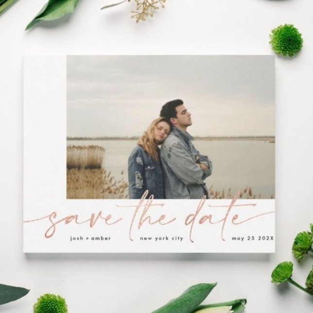 Bordered | Modern Plain Blush Photo Rose Gold Foil Save The Date (Creator Uploaded)
