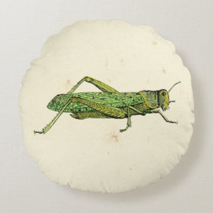 Bordered Print of Green Grasshopper Round Pillow