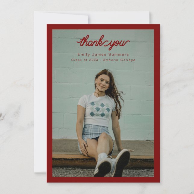 bordered simple single photo graduation  thank you card (Front)