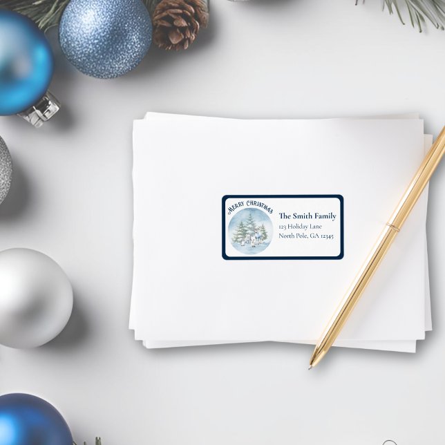 Bordered Watercolor Woodland Animals Christmas  Label (blue border woodland animal label
)