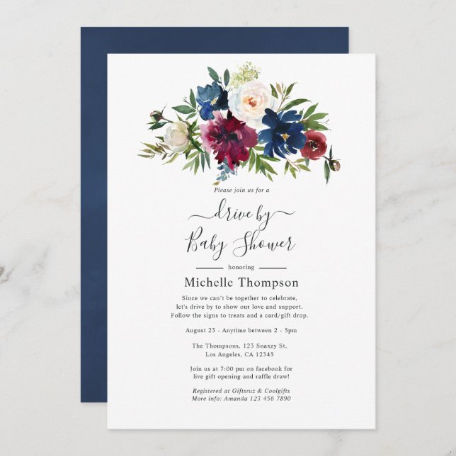 Bordo and Navy Floral Drive By Shower Invitation (Front/Back)