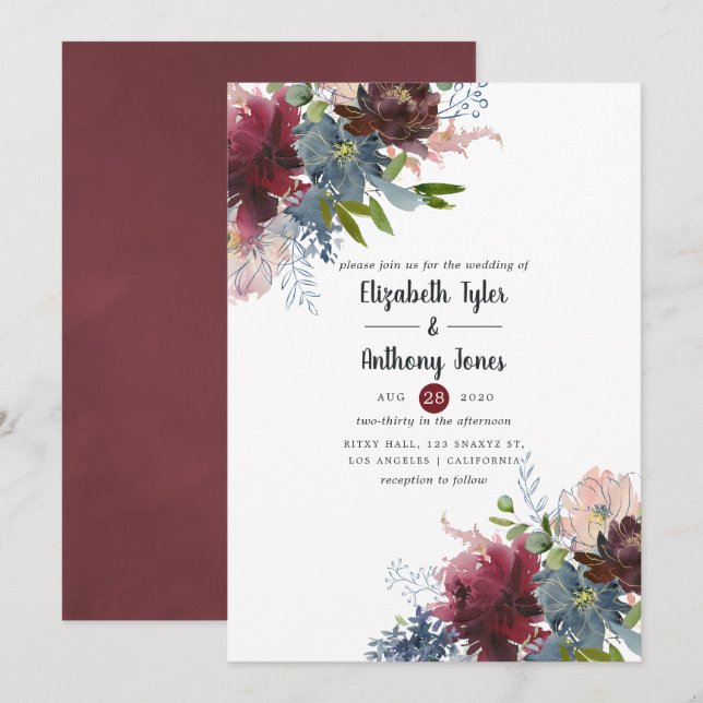 Bordo and Navy Floral Wedding Invitation (Front/Back)