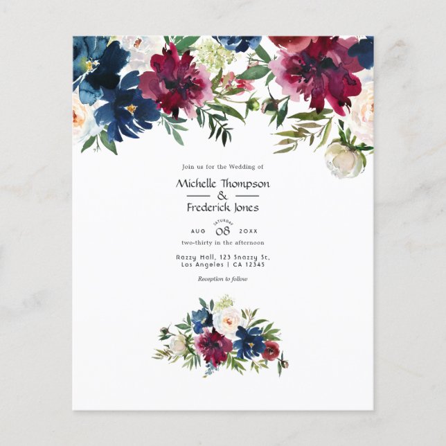 Bordo and Navy Watercolor Floral Wedding Flyer (Front)
