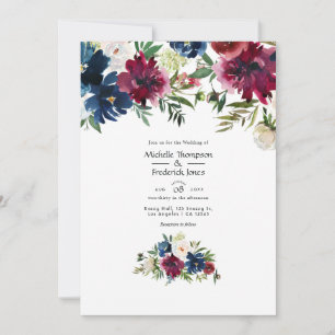 Bordo and Navy Watercolor Floral Wedding Invitation