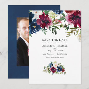 Bordo and Navy Watercolor Floral Wedding Photo Save The Date