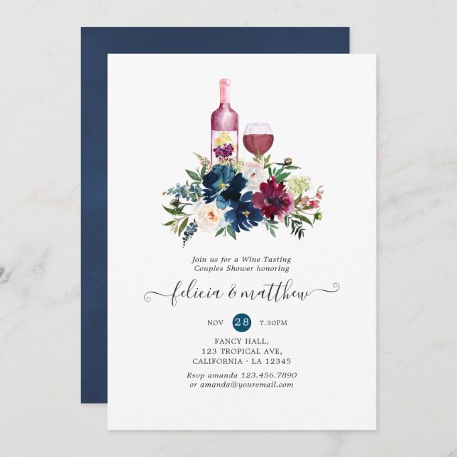 Bordo and Navy Wine Tasting Couples Shower Invitation (Front/Back)