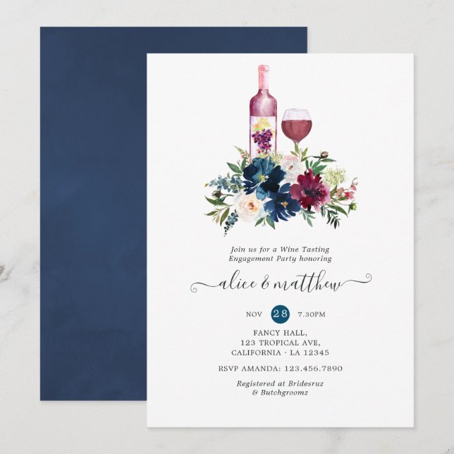 Bordo and Navy Wine Tasting Engagement Party Invitation (Front/Back)