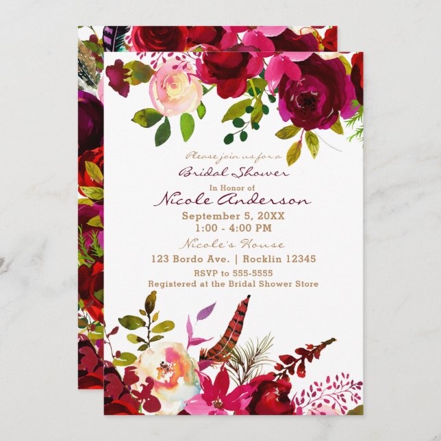 Bordo Burgundy Maroon Boho Floral Bridal Shower Invitation (Front/Back)