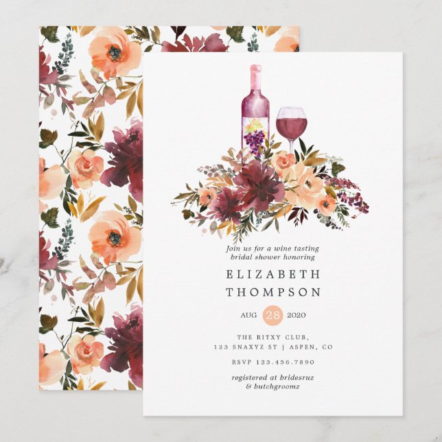 Bordo Peach Floral Wine Tasting Bridal Shower Invitation (Front/Back)