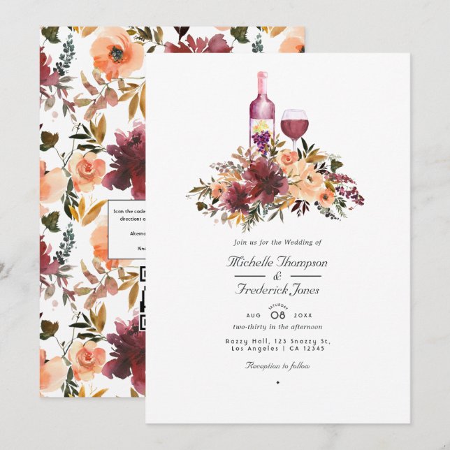 Bordo Peach Floral Wine Tasting Wedding Photo Invi Invitation (Front/Back)