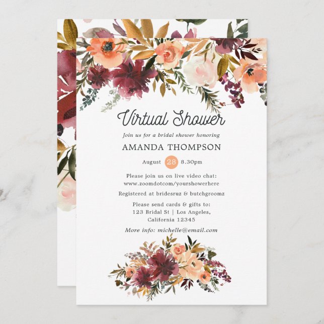 Bordo Peach Watercolor Virtual Bridal Shower Invitation (Front/Back)