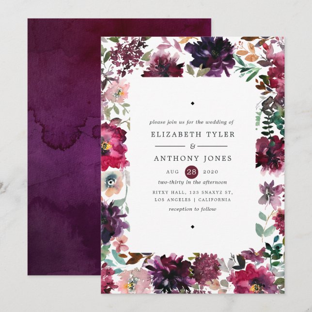 Bordo Violet Plum Watercolor Floral Wedding Invitation (Front/Back)