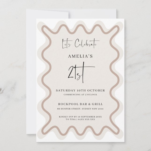 Bordure blanche beige Vague 21e Invitation anniver (Devant)