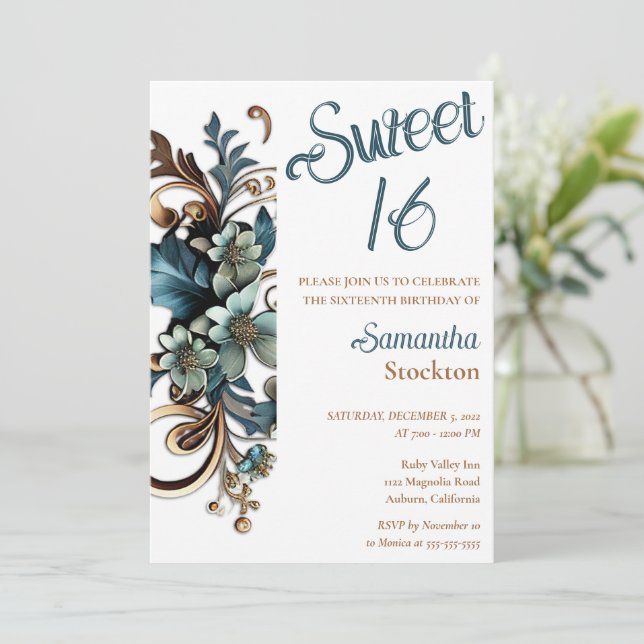 Bordure botanique dorée Sweet 16 Invitation (Debout devant)