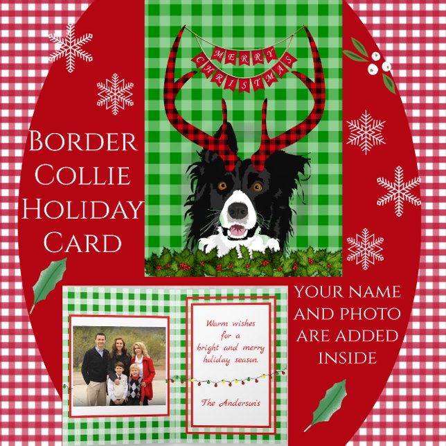 Bordure Collie avec Antlers Joyeuse carte de Noël (Créateur téléchargé)