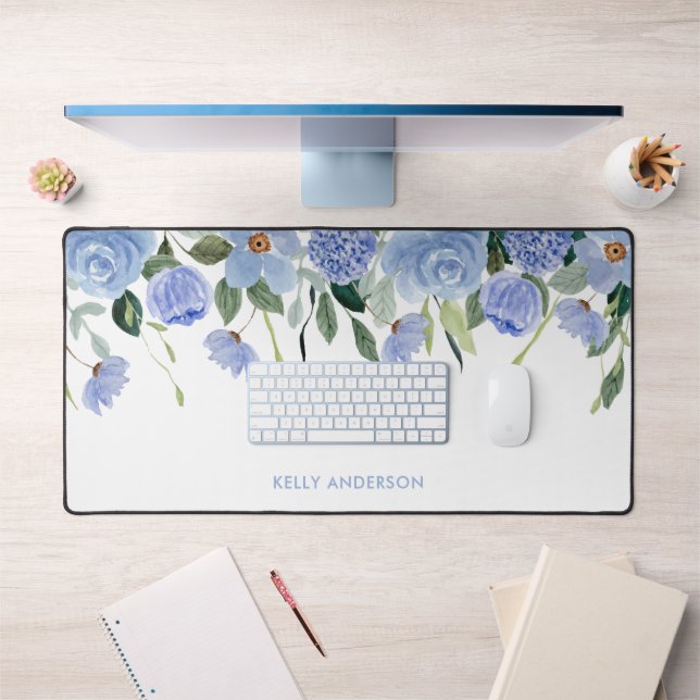 Bordure d'aquarelle florale bleu Monogram élégant (Bureau 1)