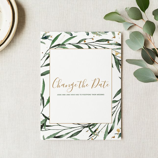 Bordure feuilletée modifier la carte de date (Leafy border change the date card with elegant script saying "save the date" and space on the back)