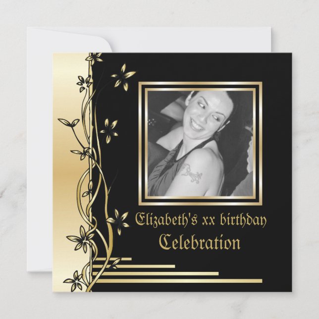Bordure florale noire et or invitation à l'anniver (Devant)