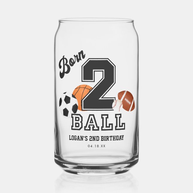 Born 2 Ball Sport Theme Boy 2nd Birthday Favours Can Glass (Front)