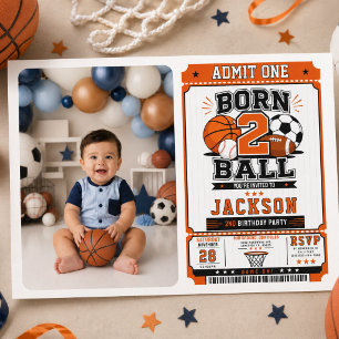 Born 2 Ball Sports Boy 2nd Birthday party  Invitation