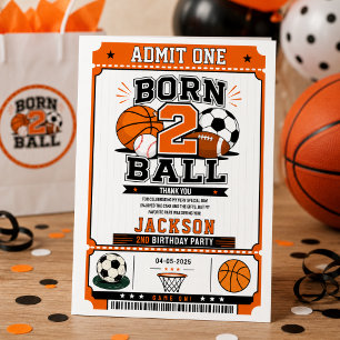 Born 2 Ball Sports Boy 2nd Birthday Party Thank You Card