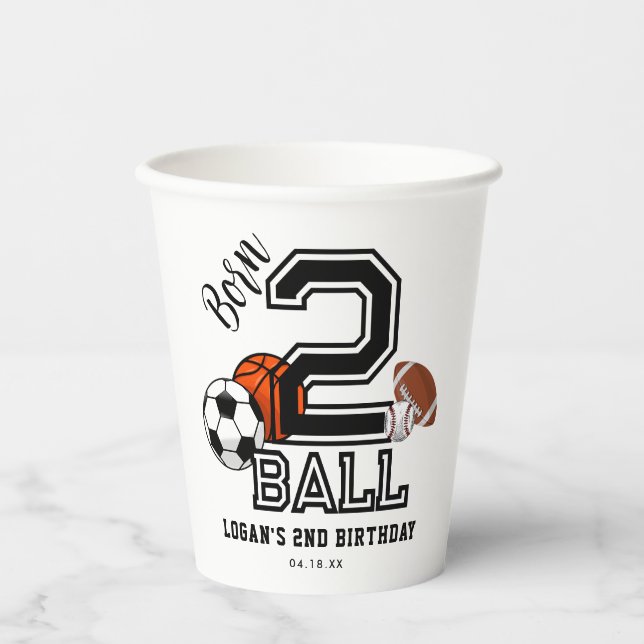 Born 2 Ball Sports Theme Boy’s 2nd Birthday Party Paper Cups (Front)