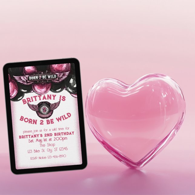 Born 2 Be Wild Pink, Black Motorcycle 2nd Birthday Invitation (Creator Uploaded)