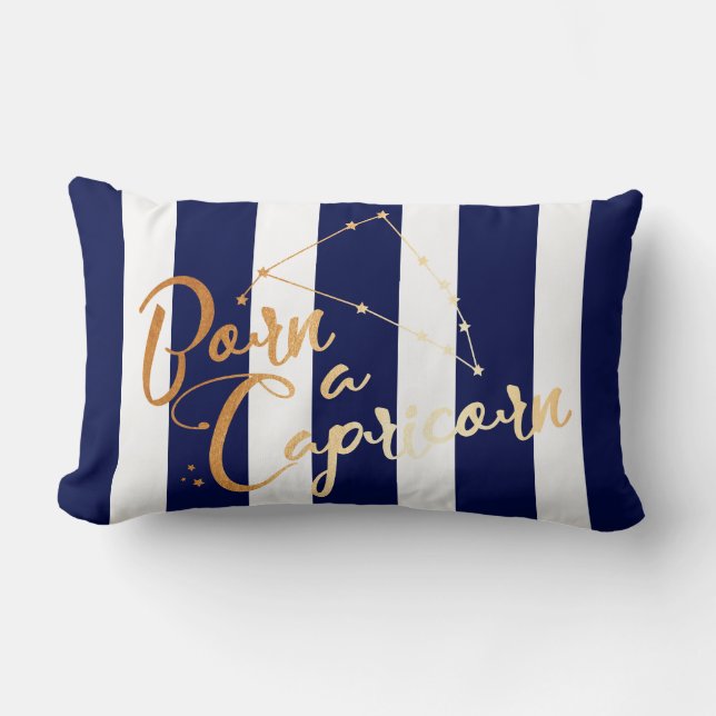 "Born a Capricorn" Zodiac Navy Stripes and Gold Lumbar Pillow (Front)