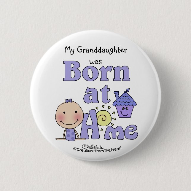 Born At Home-Stick Figure Girl in Purple 2 Inch Round Button (Front)