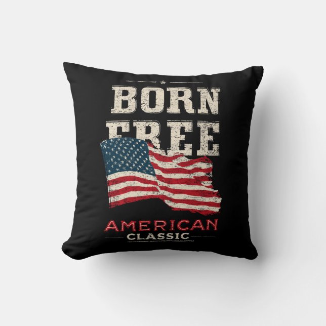 Born Free American Classic Patriotic USA Flag Blue Throw Pillow (Front)