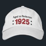 Born in 1925 AGED TO PERFECTION 90th Birthday V2B Embroidered Hat<br><div class="desc">Born in 1925 AGED TO PERFECTION 90th Birthday V2B WHITE Hat RED and BLACK Embroidery with STARS. Click link to see more birthday t-shirts, mugs, magnets and more! Know somebody born in 1925? Fun birthday hat that you can personalize with a sentiment or name, and year. All text is totally...</div>