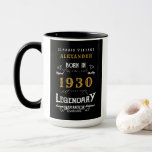 Born in 1930 Legend Mug<br><div class="desc">For those born in 1930 and celebrating a birthday we have the ideal birthday coffee mug. The black background with a white and gold vintage typography design design is simple and yet elegant with a retro feel. Easily customize the text of this birthday gift using the template provided. More gifts...</div>